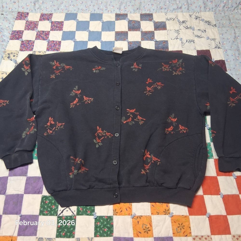 Vintage Artisans Cardigan Sweater Black Cardinal Print Size XL With Pockets